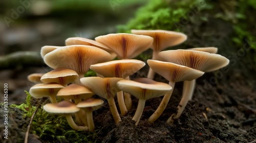 Cluster of small brown mushrooms growing on a forest floor.