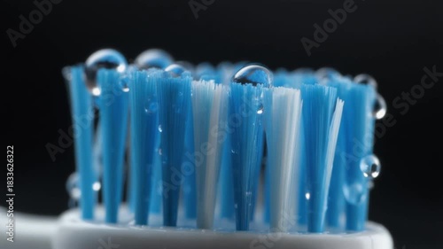 Close-up of a toothbrush head with water droplets on the bristles.