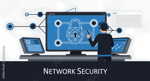 Network Security System with Hacker, Padlock Icon, and Digital Data Flow