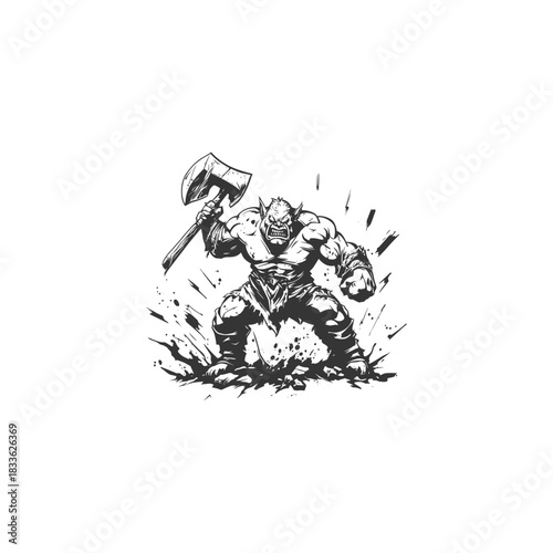 Aggressive, muscular fantasy orc or ogre warrior illustration in black and white, holding a battle-axe and crouching in an attack position