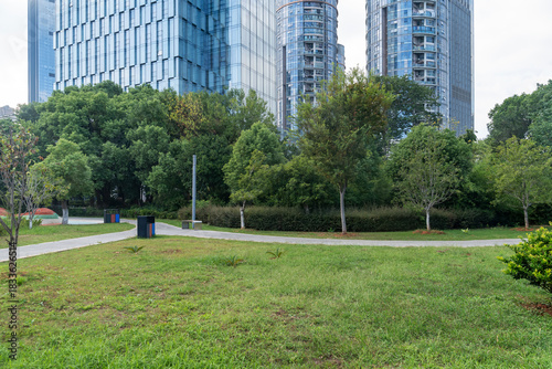 Photography city park with modern building background in shanghai