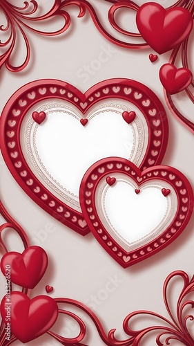 Two Red Heart Frames with Smaller Hearts and Swirling Ribbons