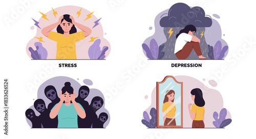Modern vector illustrations depict women struggling with various mental health issues including stress, depression, and body image problems on a clean white background.