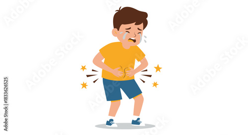 A crying young boy experiences severe stomach pain, clutching his abdomen in discomfort, depicted as a cartoon illustration on a clean white background.
