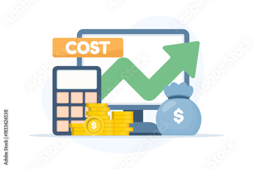 Cost and fee spending increase shown with an upward arrow. Vector illustration of financial growth, business expense changes, investment progress, and budget analysis with calculator and PC.