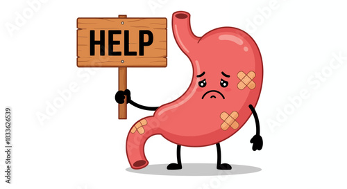 A sad cartoon human stomach character, bandaged and holding a 'HELP' sign, illustrates common digestive health issues and medical discomfort.