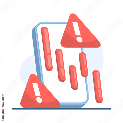 Illustration of a hand-held smartphone displaying falling trading charts and warning icons, representing business risks, investment alerts, and financial losses.
