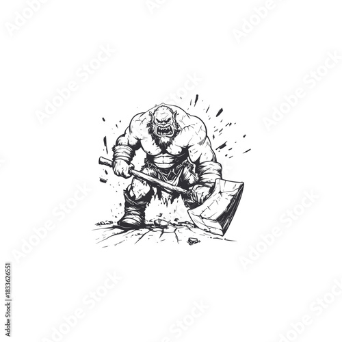 Aggressive, muscular fantasy orc or ogre warrior illustration in black and white, holding a battle-axe and crouching in an attack position