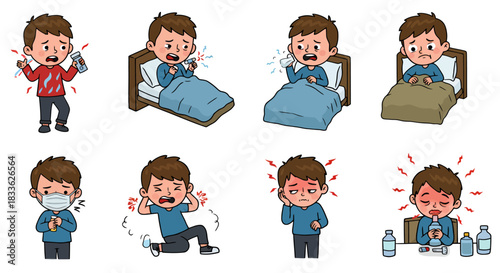 This comprehensive vector illustration set features a young boy experiencing diverse symptoms of common diseases and sickness, from fever to rest.