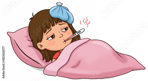 A sick child with a fever lies in bed, wrapped in a blanket, with an ice pack on their head, depicted in a vector illustration, perfect for health and medical educational content.