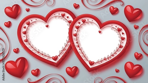 Two red hearts with ornate borders and decorative swirls Keywords: heart, hearts, red, love, romance, valentine, valentines day, couple, duo, pair