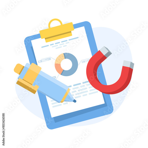 Data analysis concept featuring a clipboard with pie charts, colorful graphs, pens, and magnets, ideal for marketing strategy and analytics visuals. Flat vector style.