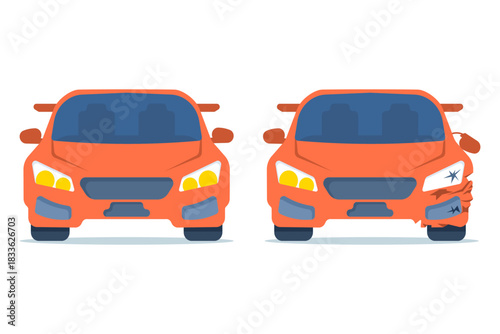 Illustration showing a front auto collision on a plain background, representing car accidents, traffic incidents, and vehicle safety awareness.