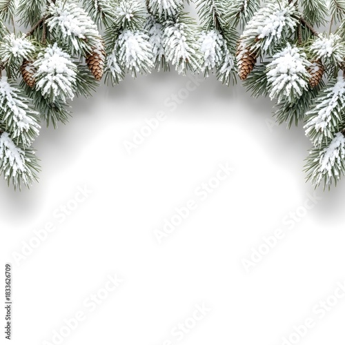 Snowy pine branches arranged as a natural frame on a white background, with soft shadows and a clean winter botanical aesthetic suitable for seasonal designs