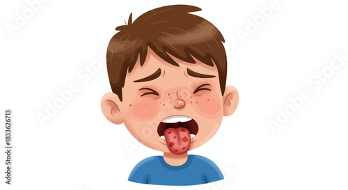 Illustration of a young boy experiencing symptoms of a viral infection, specifically showing signs of tongue inflammation and discomfort, presented as a vector graphic.