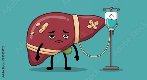 A cartoon liver character with bandages and an IV drip expresses sadness, representing liver diseases and the need for medical treatment and healthcare, vector illustration.