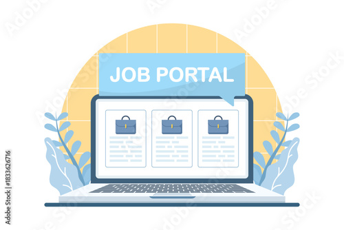 Illustration showing a laptop with a job portal interface and vacancy listings, representing online recruitment, digital job search tools, and modern hiring platforms.