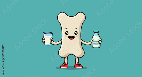 A cheerful cartoon bone character promotes healthy bone density by holding a glass and bottle of milk, emphasizing the importance of calcium intake for strong bones.