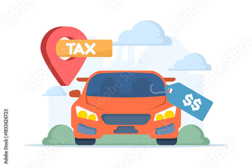 Car with tax symbol on a white isolated background. Modern vector design representing vehicle tax, financial charges, and personal transportation costs.