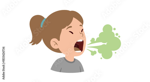 A cartoon illustration depicts a young girl with her mouth open, exhaling a green cloud, symbolizing bad breath, illness, or the spread of germs.