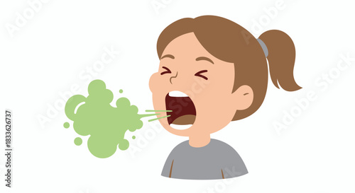 A cartoon illustration depicts a young girl with a green cloud emanating from her mouth, symbolizing illness or bad breath, presented as a vector graphic on a transparent background.
