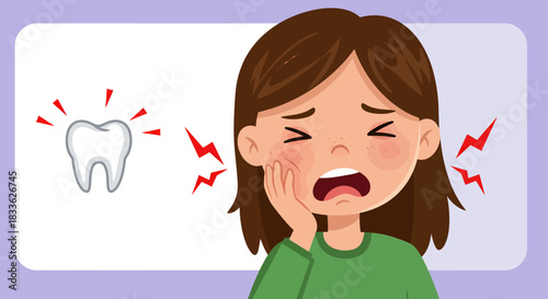 A young girl experiencing a toothache, with a painful expression and holding her cheek, a vector illustration with a floating tooth and red pain indicators, highlighting dental health issues.