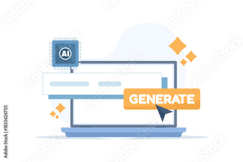 AI-powered content creation illustration, vector showing artificial intelligence generating images, text, and media, automation in creative design, and modern digital technology concept.