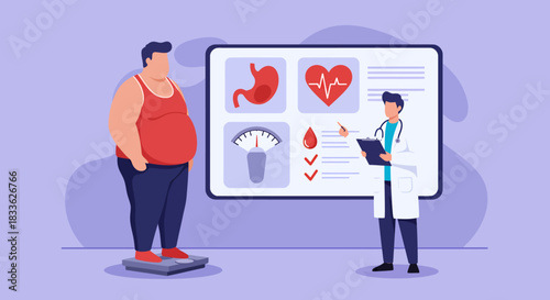 A doctor explaining obesity and related health risks, like heart disease and diabetes, using a visual aid to an overweight patient on a scale, vector illustration.
