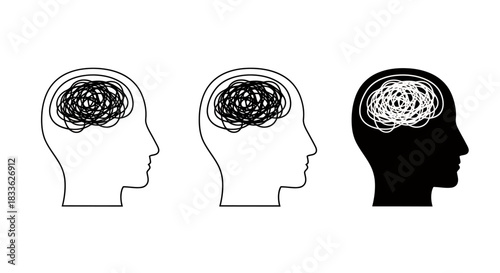 Abstract vector illustration depicting human head profiles with tangled lines representing confused thoughts, mental health struggles, and psychological stress.