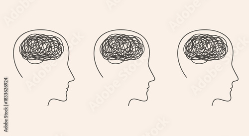 Minimalist human head silhouettes in profile depict tangled thoughts or mental health challenges within the brain, symbolizing confusion and stress.