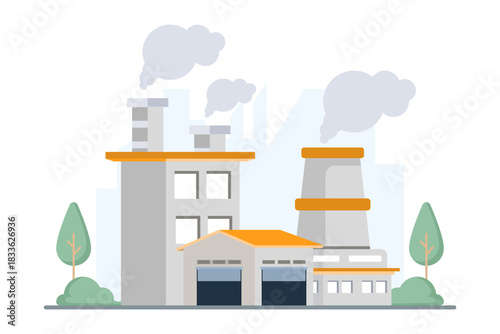 Factories with chimneys releasing smoke, depicting air pollution and industrial emissions. Clean vector for environmental awareness and industry impact visuals.