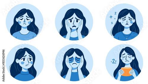 A vector illustration showcases a woman experiencing various symptoms of mental health issues, including sadness, insomnia, and fatigue, presented in a modern style.