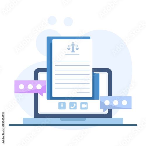 Illustration showing a laptop with law and justice, representing online legal consultation, mutual benefit, and achieving success through professional advice.