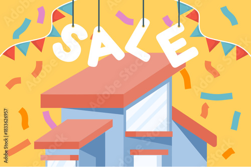 Real estate house for sale displayed on an isolated background. Vector design for property listing, home purchase, and real estate marketing.