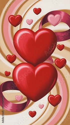 Vertical Composition of Red Hearts and Ribbon on Swirling Background