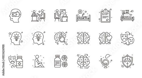 A vector illustration showcasing various mental health concepts, including therapy, insomnia, cognitive function, and emotional well-being, presented in a minimalist line art style on a white