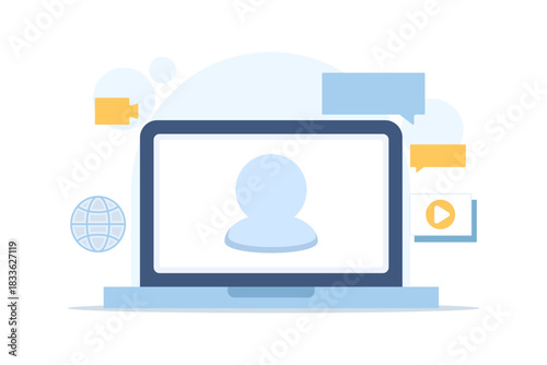 Webinar and video chat icon vector, laptop or computer display, online seminar, virtual speaker, digital communication concept, web conference simple illustration.