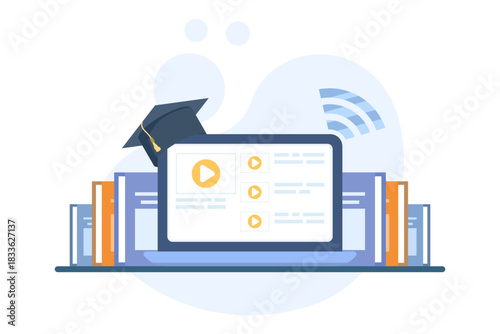Illustration showing a laptop and graduation cap symbolizing e-learning, virtual classes, and distance education for modern digital learning environments.