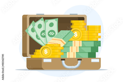 Vector illustration of a briefcase overflowing with hundred-dollar bills, symbolizing financial abundance, cash flow, business wealth, and money management.