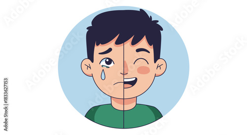 A vector illustration depicts a person with a split face, one side showing sadness with a tear, and the other displaying happiness with a wink, representing contrasting emotions.