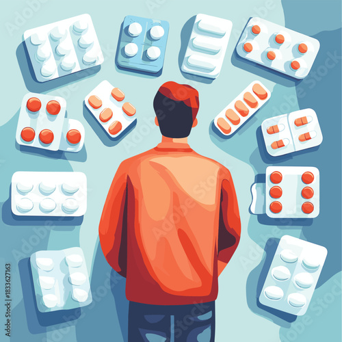 High angle view man looking down at large medication pills in blister packs , vector style simple color