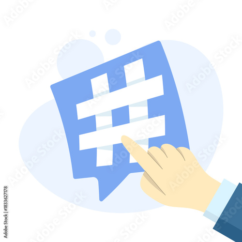 Illustration showing a hashtag symbol on a social media notification icon, representing user replies, comment threads, and hashtag interactions. Ideal for digital and social media designs.