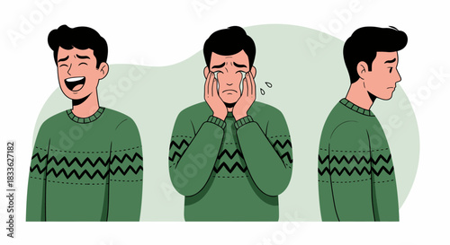 This vector illustration depicts a young man experiencing a range of emotions, from joyous laughter to deep sadness and despair, reflecting various mental states.