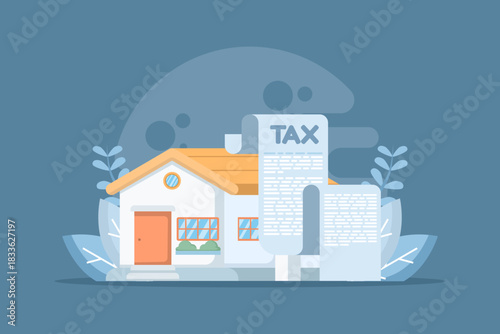 House and tax receipts representing property tax payments. Clean vector design for real estate taxation, financial planning, and property management concepts.