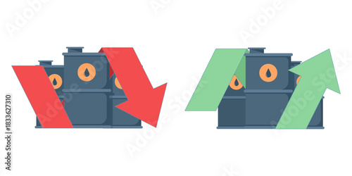 Oil barrels with rising and falling graphs, illustrating market trends, price movements, and economic fluctuations in the oil industry, modern vector design for energy and finance concepts.