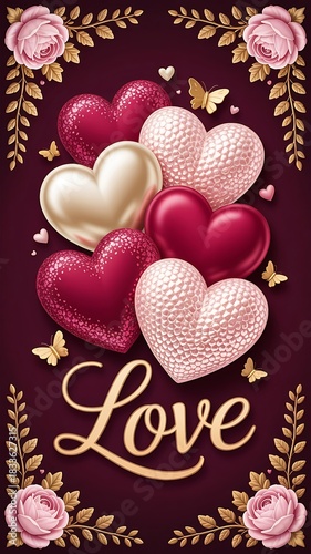 Vertical Love Hearts with Roses and Butterflies on Burgundy Background