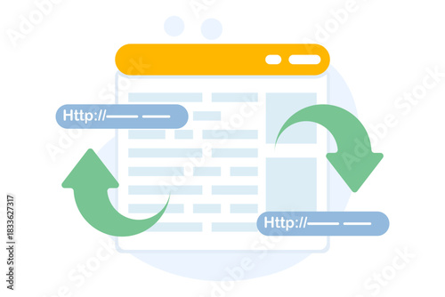 Illustration showing website migration and SEO redirects, representing digital marketing, web optimization, and technical SEO processes for online projects.