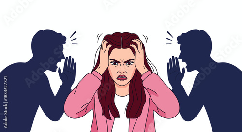A vector illustration depicts a woman experiencing stress and frustration, with two shadowy figures shouting in her ears, representing the burden of external pressures and mental health issues.