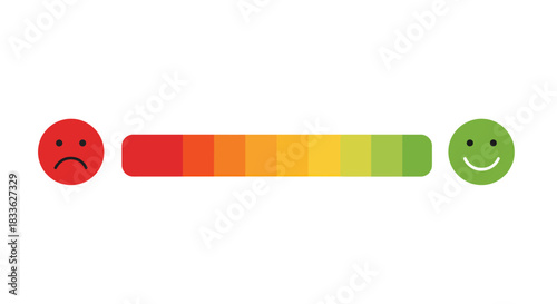 A colorful gradient satisfaction meter with sad and happy face emoticons illustrates feedback, mood, or customer experience levels on a white background.