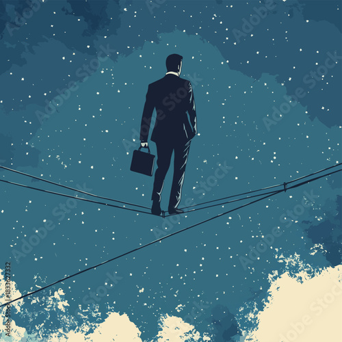 Businessman investor with money briefcase walking carefully over tightrope , vector style simple color